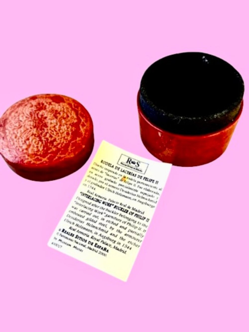 Embossed Leather Round Trinket Box & Lid Suede Lined by Museum Musei Spain TINY